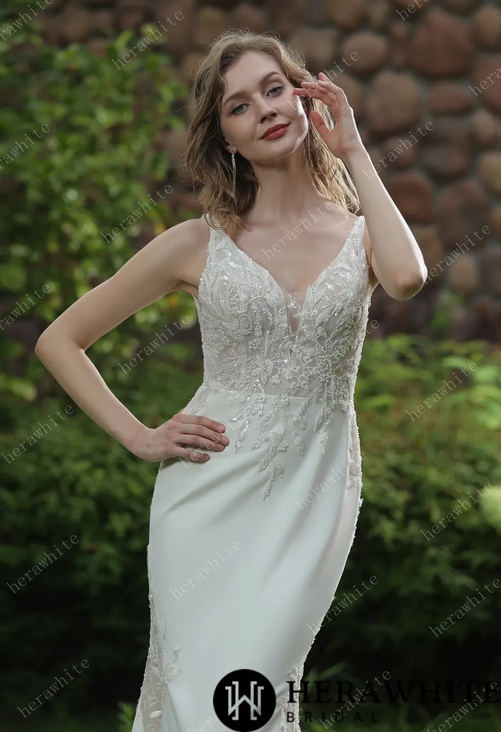 Beaded Fit And Flare Dress With V Neckline And Crepe Skirt