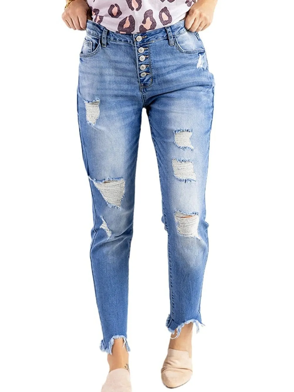 Button-Fly Distressed Denim Jeans