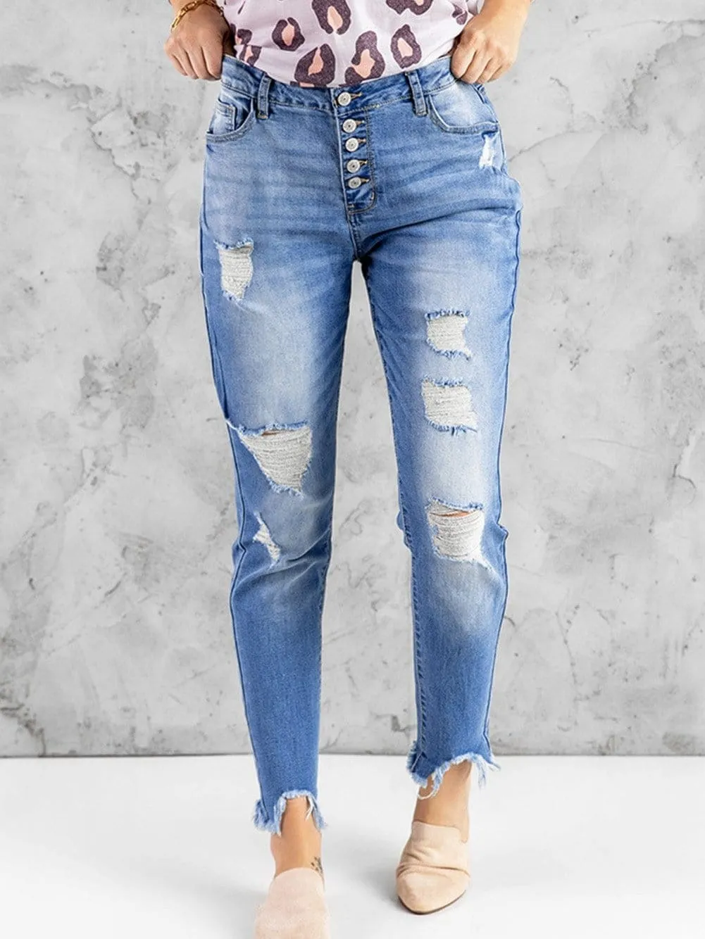 Button-Fly Distressed Denim Jeans