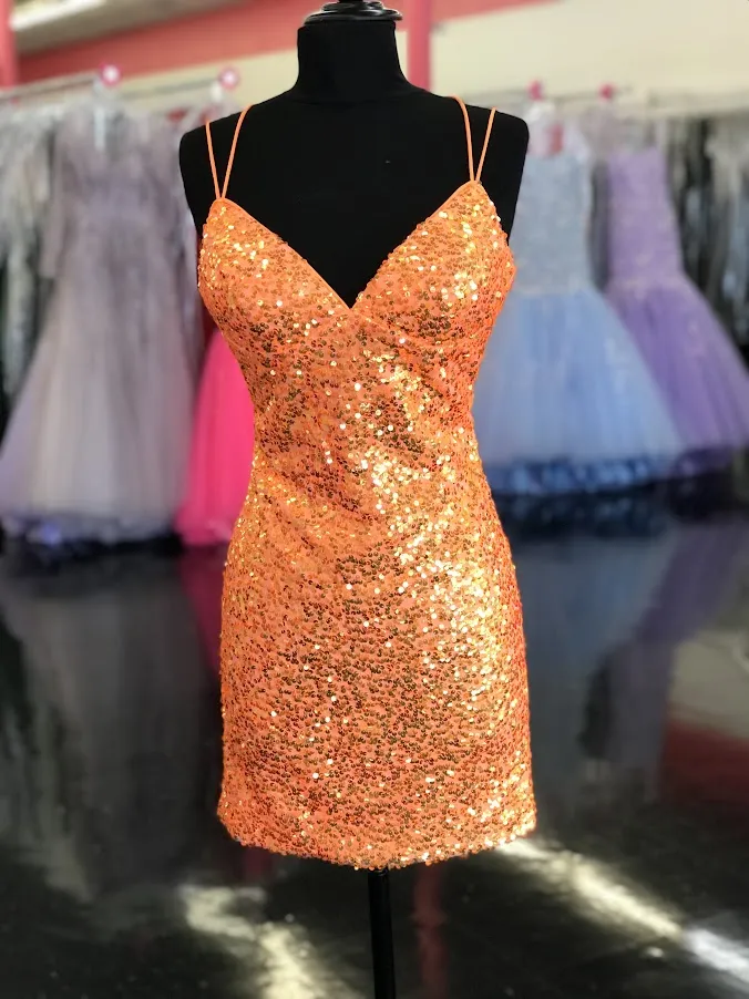 Dave & Johnny 10904 Size 2 Tangerine Short Iridescent Sequin Corset Homecoming Dress Cocktail Formal