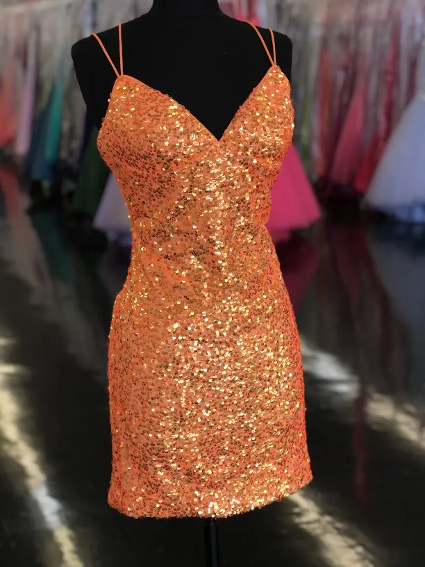 Dave & Johnny 10904 Size 2 Tangerine Short Iridescent Sequin Corset Homecoming Dress Cocktail Formal