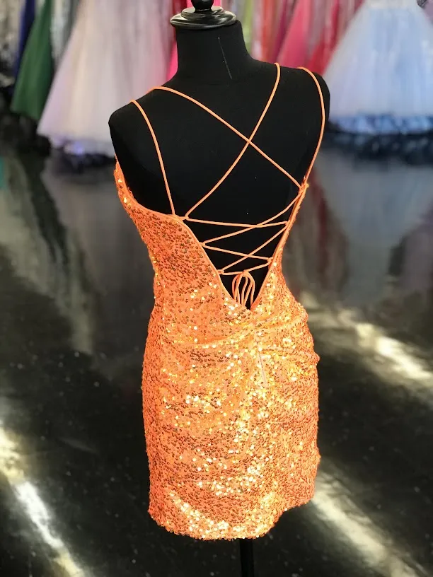 Dave & Johnny 10904 Size 2 Tangerine Short Iridescent Sequin Corset Homecoming Dress Cocktail Formal