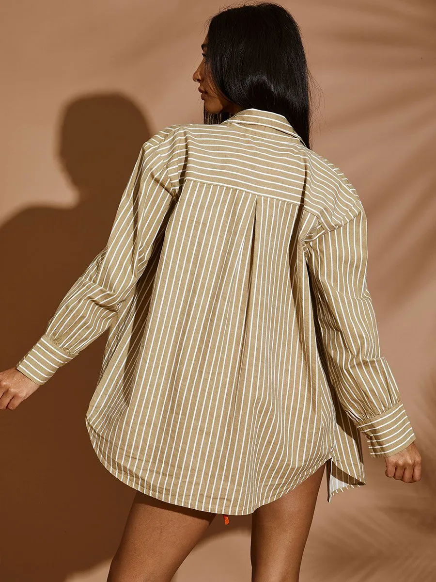 Deanna Oversized Striped Shirt Blouse In Stone