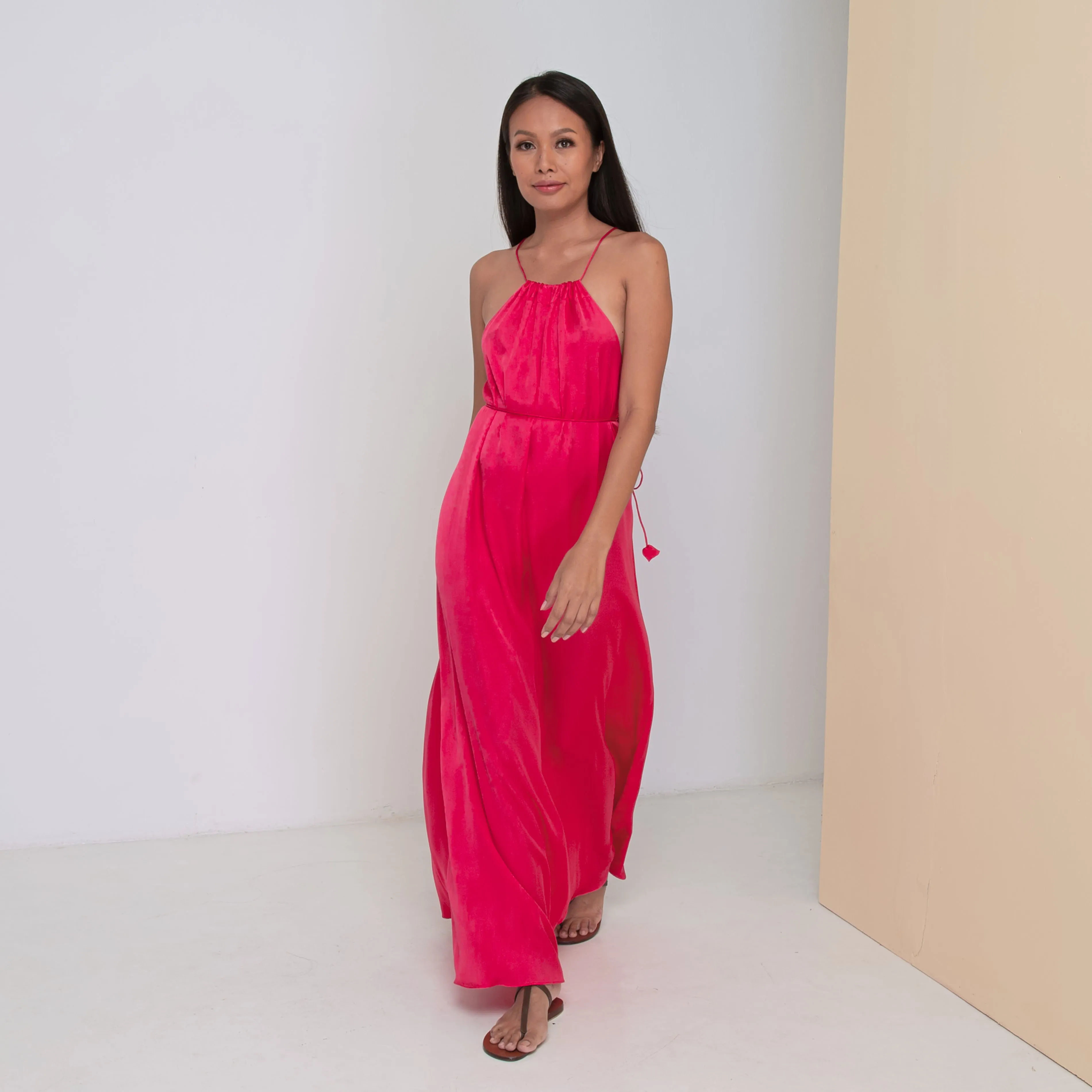 DEEP V LONG HALTER DRESS - Rayon Viscose Satin | Hot Pink