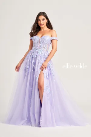 Ellie Wilde EW35058 Long Shimmer Sheer Sequin Maxi Slit Prom Dress Corset Backless Gown