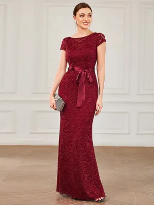 Evening Gown Vintage Dress Formal Floor Length Short Sleeve Jewel Neck Lace V Back with Strappy