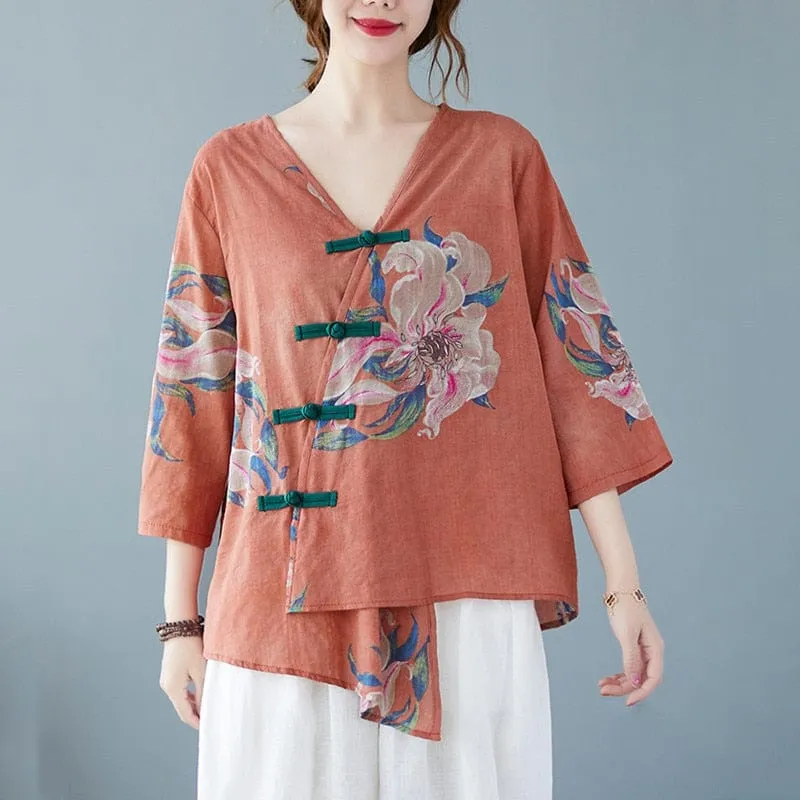 Floral Cotton Linen Oversized Blouse