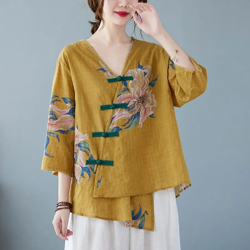 Floral Cotton Linen Oversized Blouse