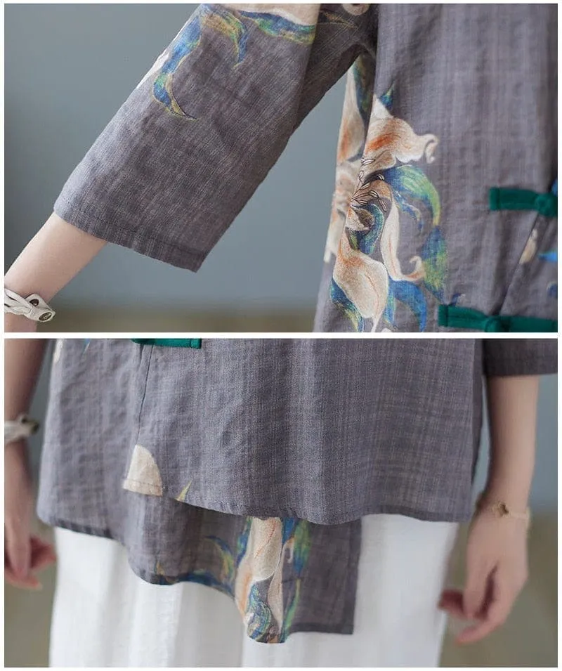 Floral Cotton Linen Oversized Blouse