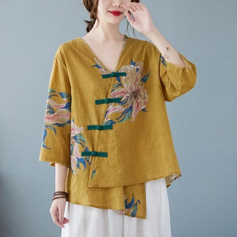 Floral Cotton Linen Oversized Blouse