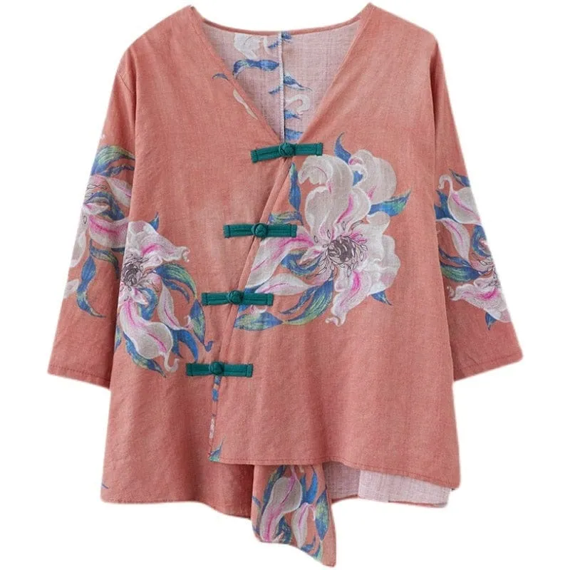 Floral Cotton Linen Oversized Blouse