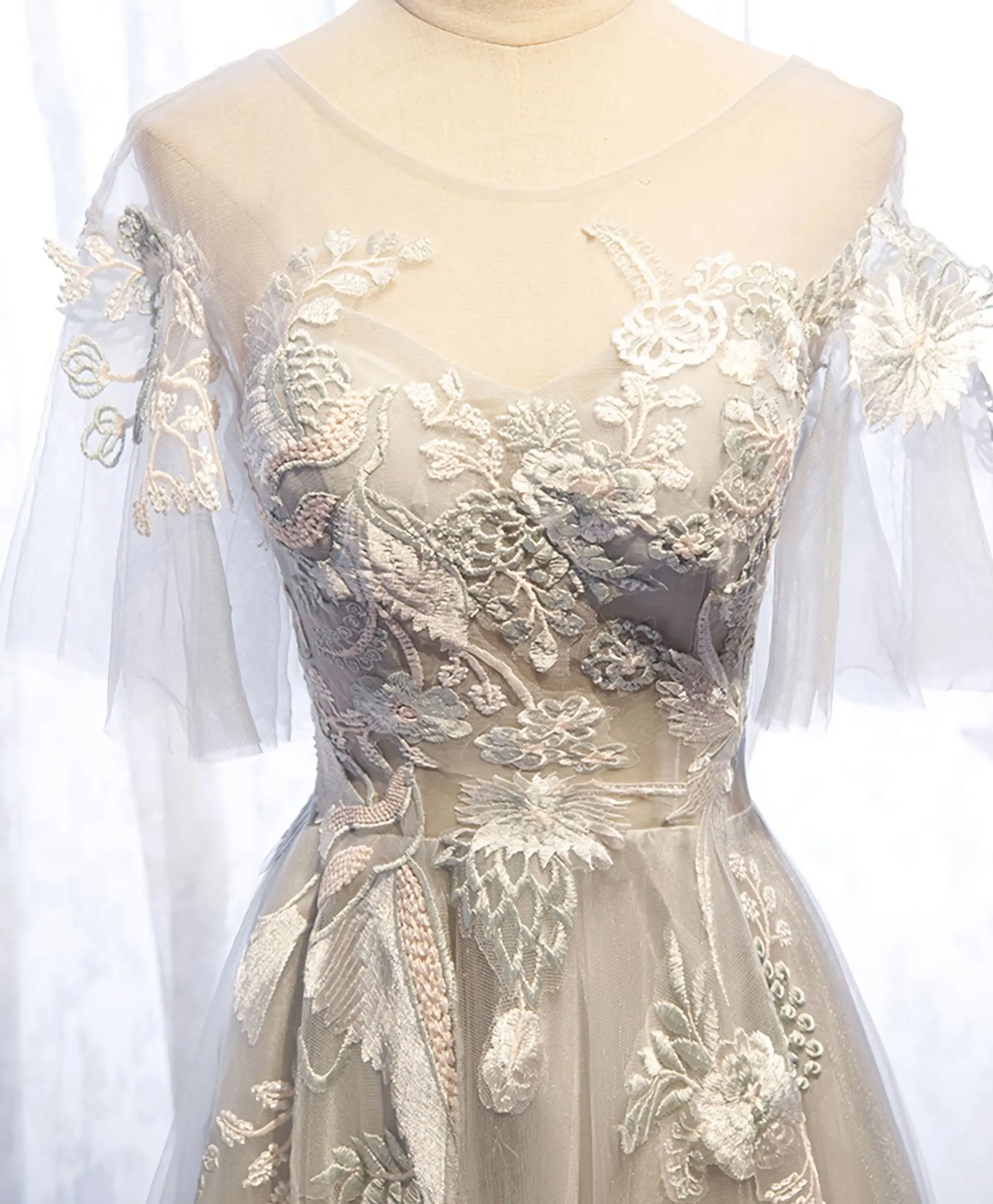 Gray Tulle Lace Long Prom Dress, Gray Tulle Lace Evening Dress, 5