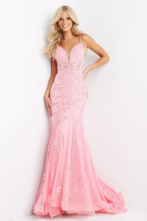 Jovani JVN06475 Size 6, 12 Long Fitted Lace Mermaid Prom Dress Sheer Corset Backless Gown