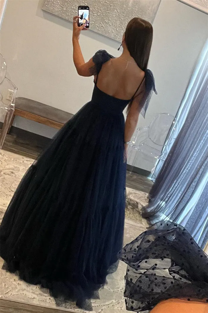 Luolandi A Line Straps Prom Dress Open Back Tulle Evening Dresses Floor Length Black Sexy