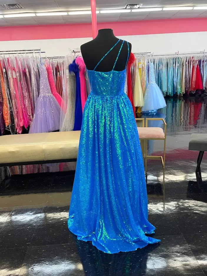 Marc Defang 8068 Size 6 Blue Sequin One Shoulder Ballgown Formal Dress Pageant Prom Gown