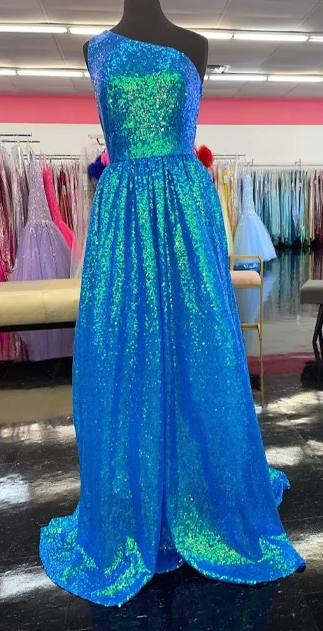 Marc Defang 8068 Size 6 Blue Sequin One Shoulder Ballgown Formal Dress Pageant Prom Gown