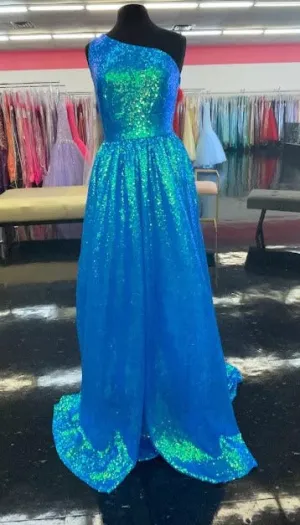 Marc Defang 8068 Size 6 Blue Sequin One Shoulder Ballgown Formal Dress Pageant Prom Gown