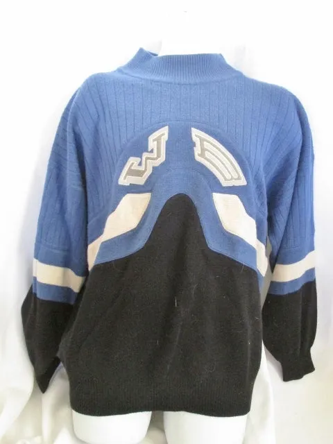 Mens BOGNER Knit Ski Holiday Wool SWEATER Jacket BLUE BLACK GRAY L Embroidered