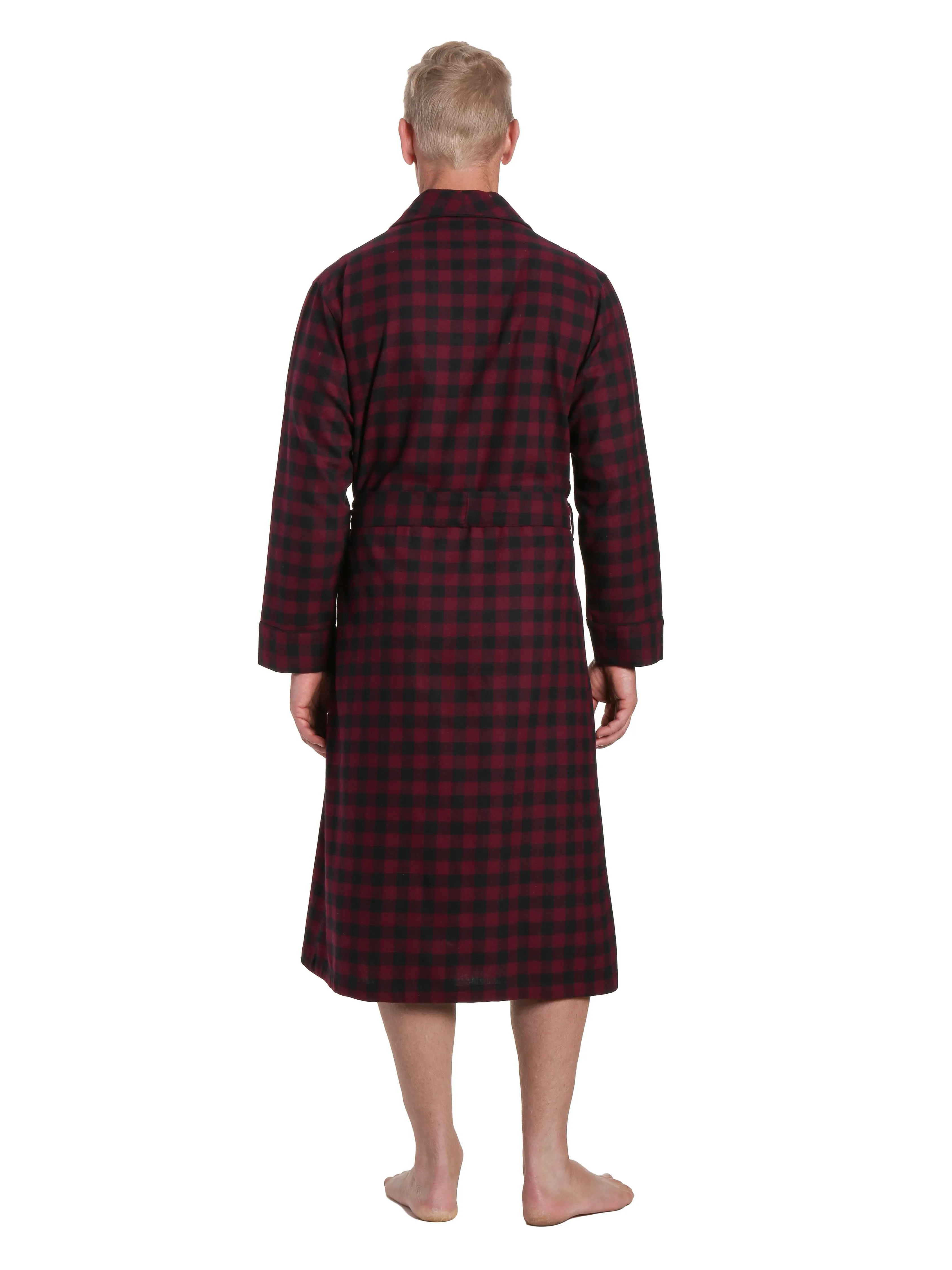 Mens Premium 100% Cotton Flannel Robe - Gingham Checks - Fig Black