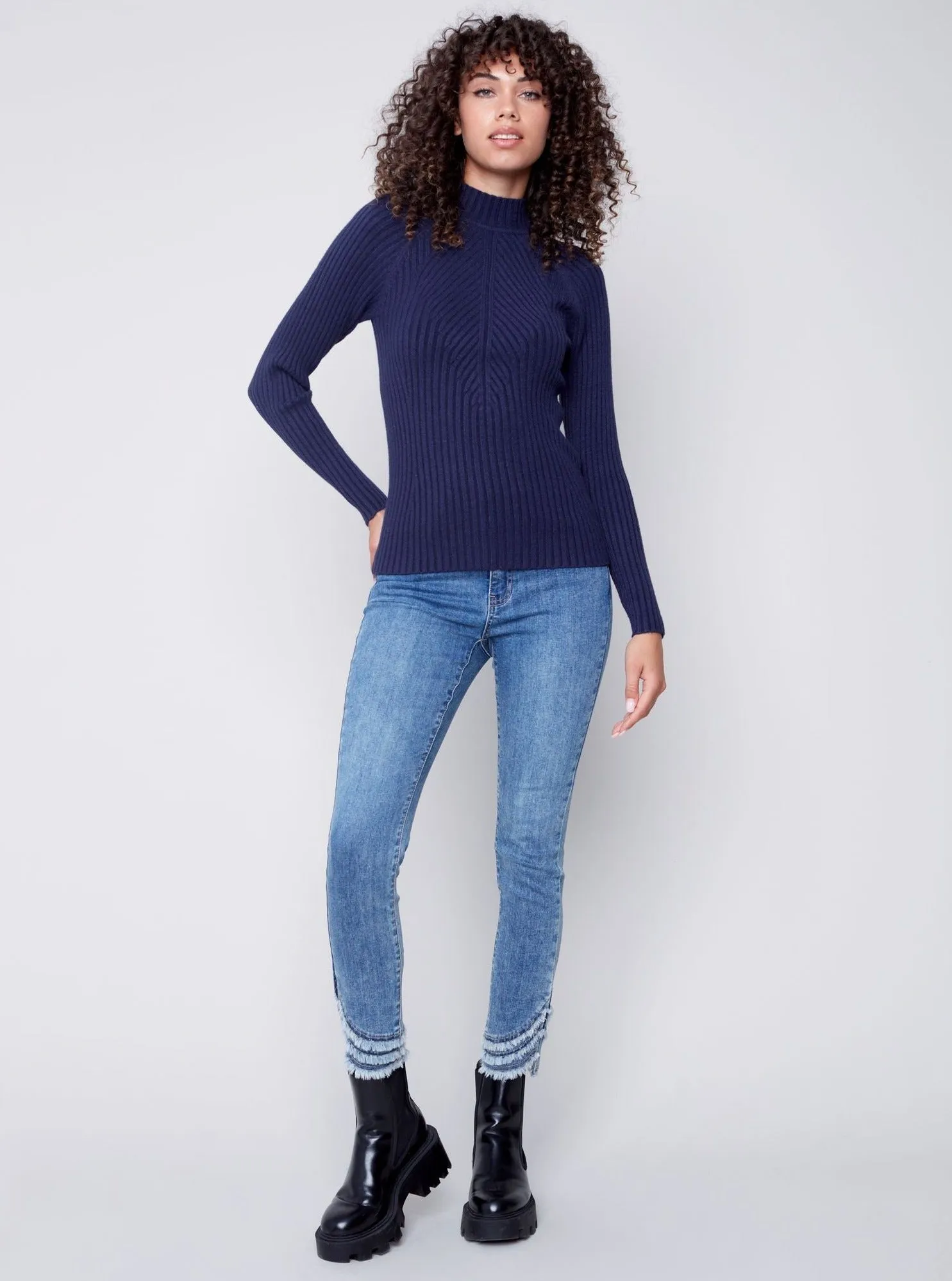 Mock Crew Neck Chest Sweater [Navy-C2553]