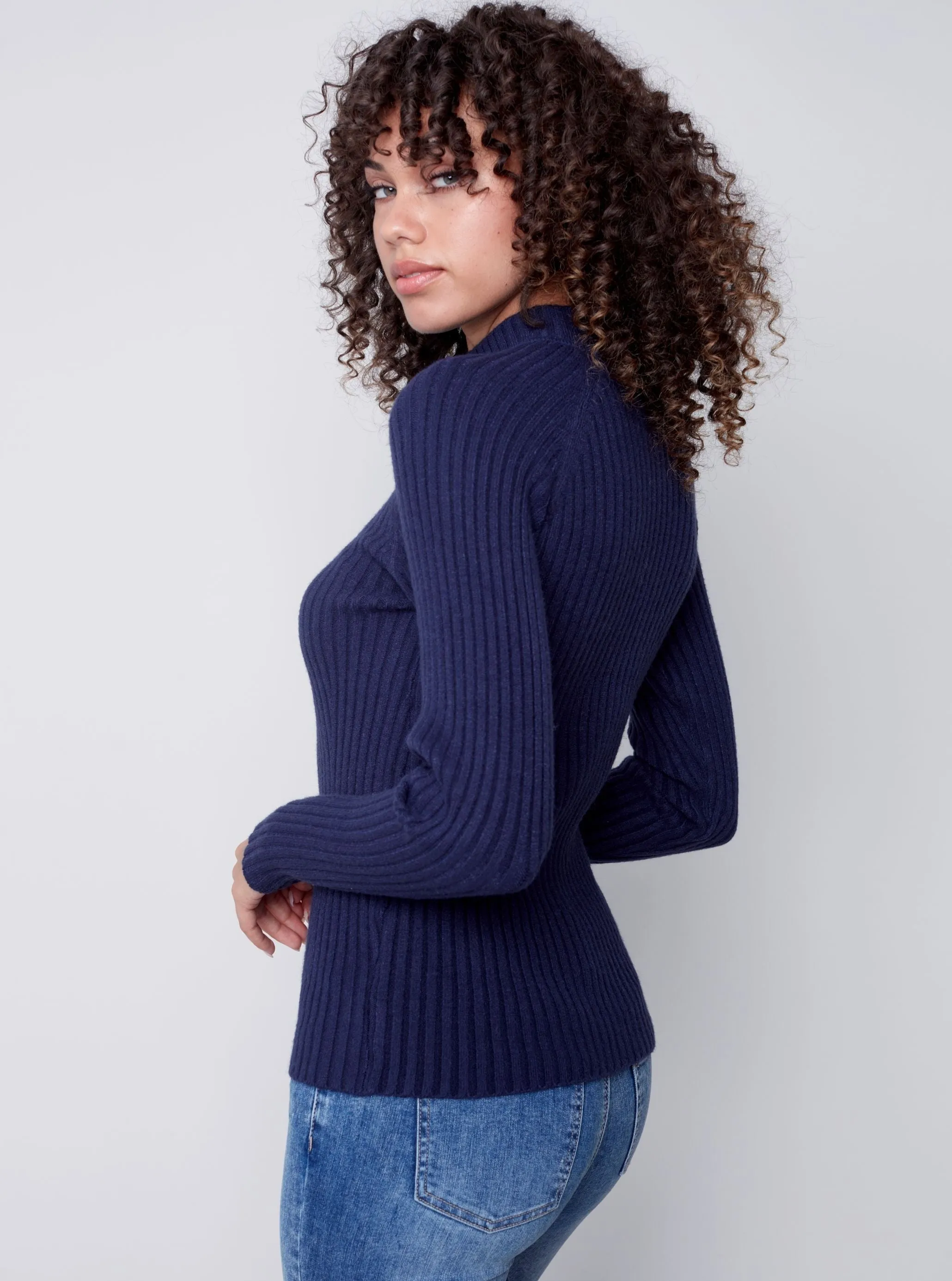 Mock Crew Neck Chest Sweater [Navy-C2553]