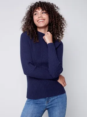 Mock Crew Neck Chest Sweater [Navy-C2553]