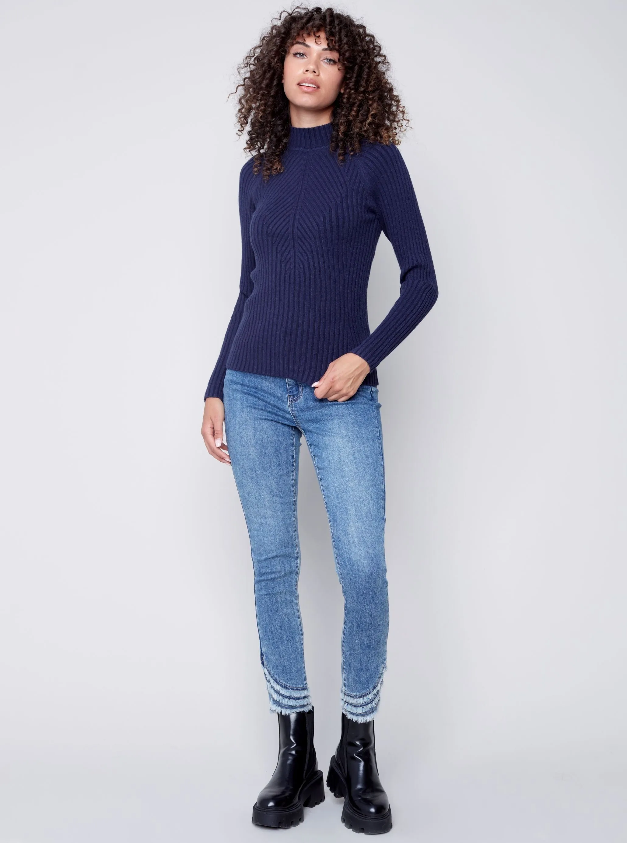 Mock Crew Neck Chest Sweater [Navy-C2553]