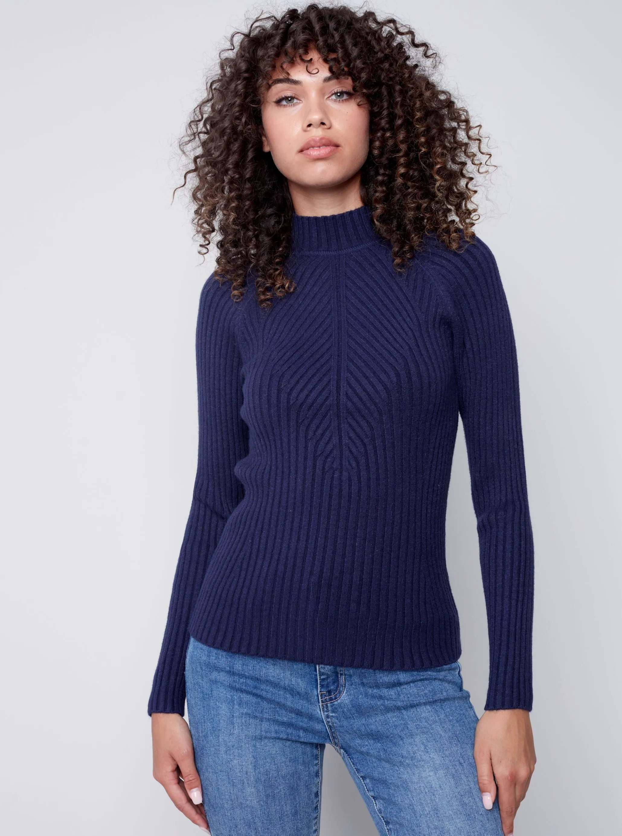 Mock Crew Neck Chest Sweater [Navy-C2553]