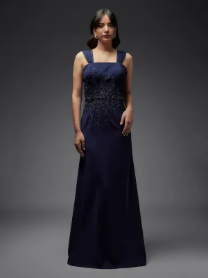 Navy Embroidered Lycra Gown