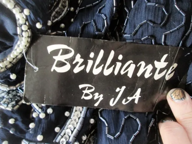 NEW NWT Brilliante BY J.A. Long Beaded Evening Maxi Dress Gown 2X SILVER NAVY BLUE