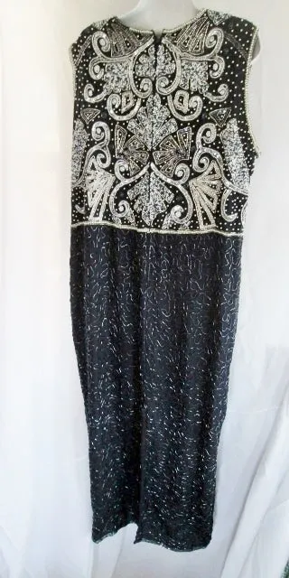 NEW NWT Brilliante BY J.A. Long Beaded Evening Maxi Dress Gown 2X SILVER NAVY BLUE