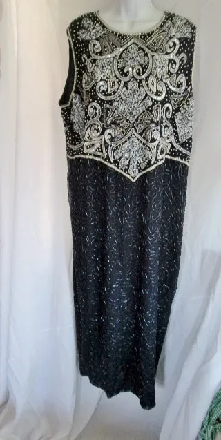NEW NWT Brilliante BY J.A. Long Beaded Evening Maxi Dress Gown 2X SILVER NAVY BLUE