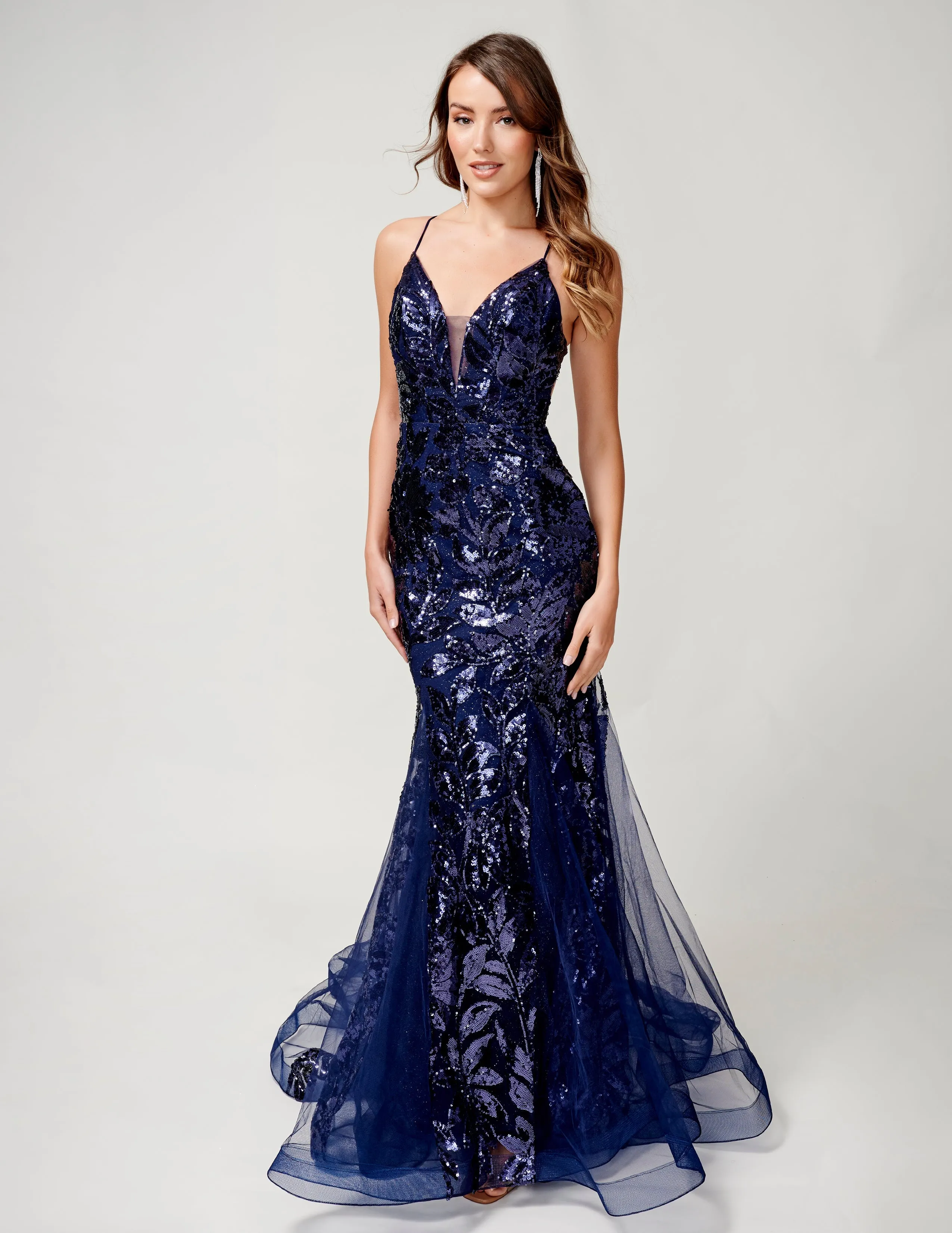 Nina Canacci 8236 Size 4, 6 Orange Sequin Mermaid Prom Dress Backless Corset Formal Gown V Neck