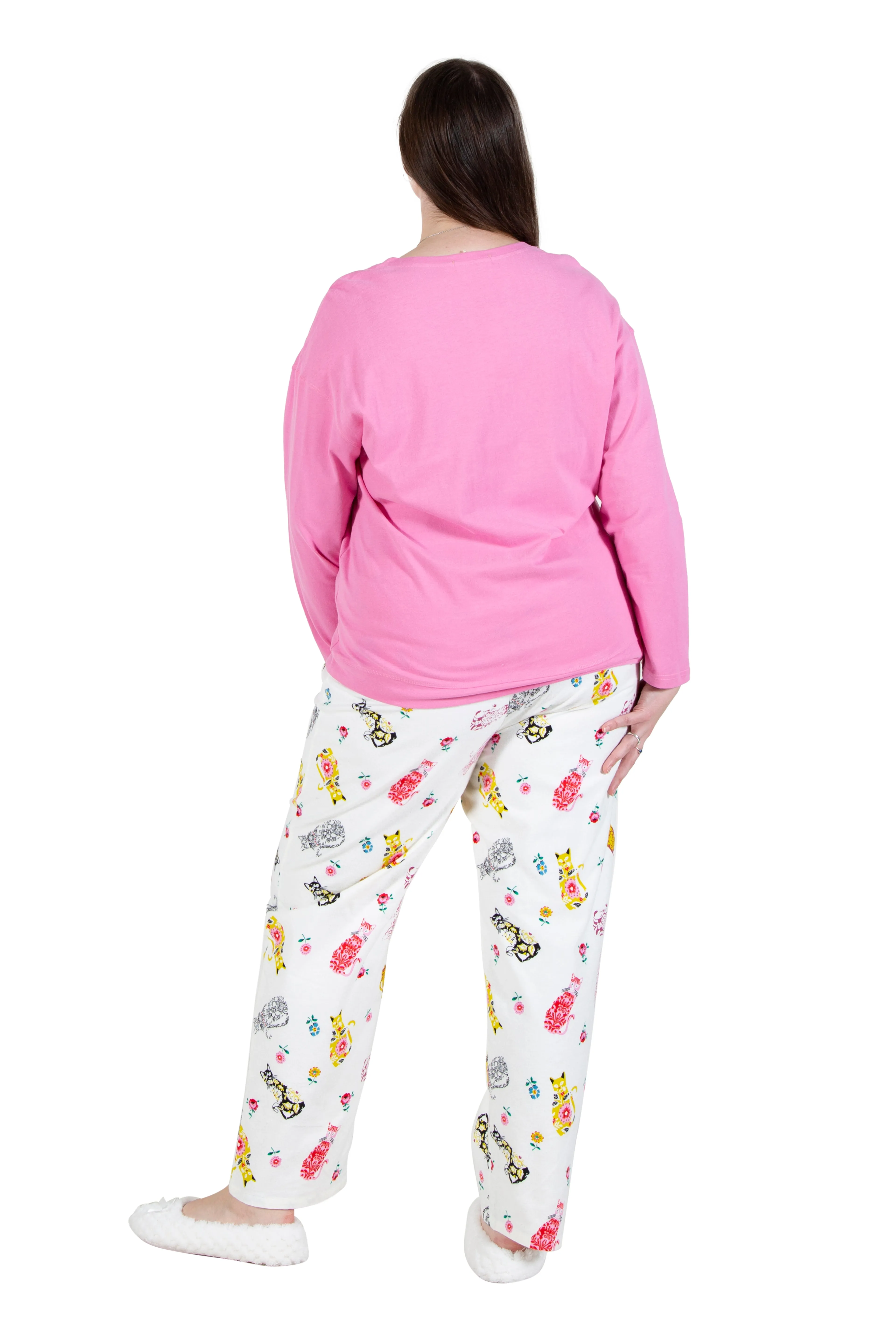 Pink Flannel Cat Print Plus Size Pajama Set