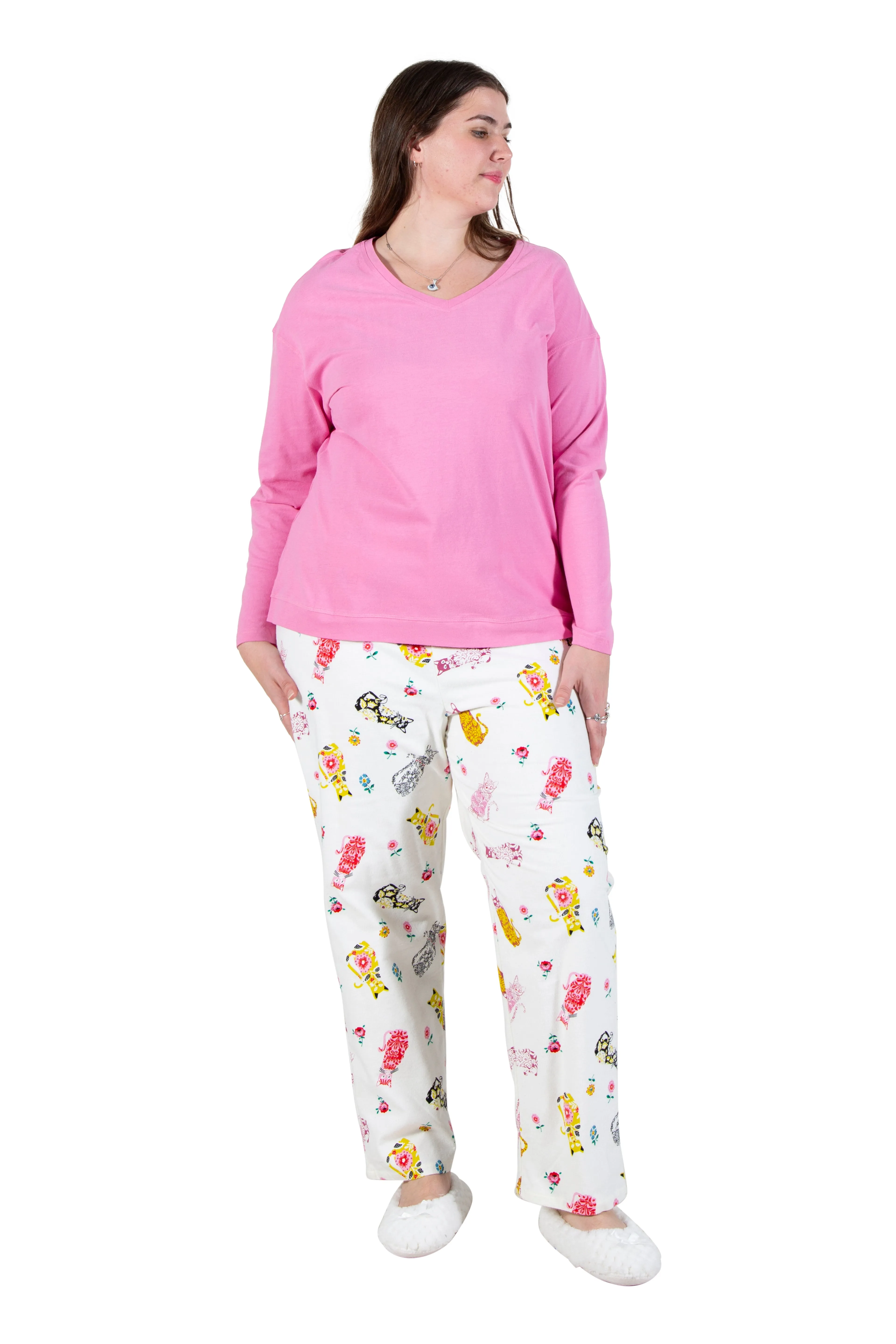 Pink Flannel Cat Print Plus Size Pajama Set