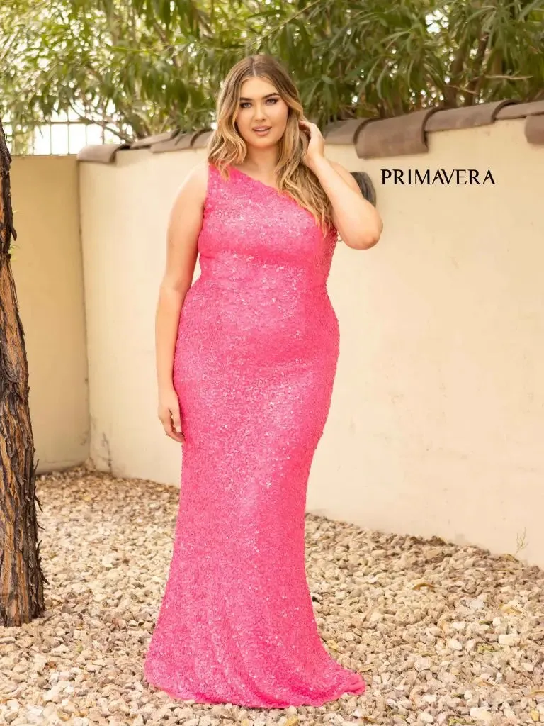 Primavera Couture 14004 Size 20 Neon Pink Long Fitted One Shoulder Sequin Plus Size Prom Dress Formal Gown