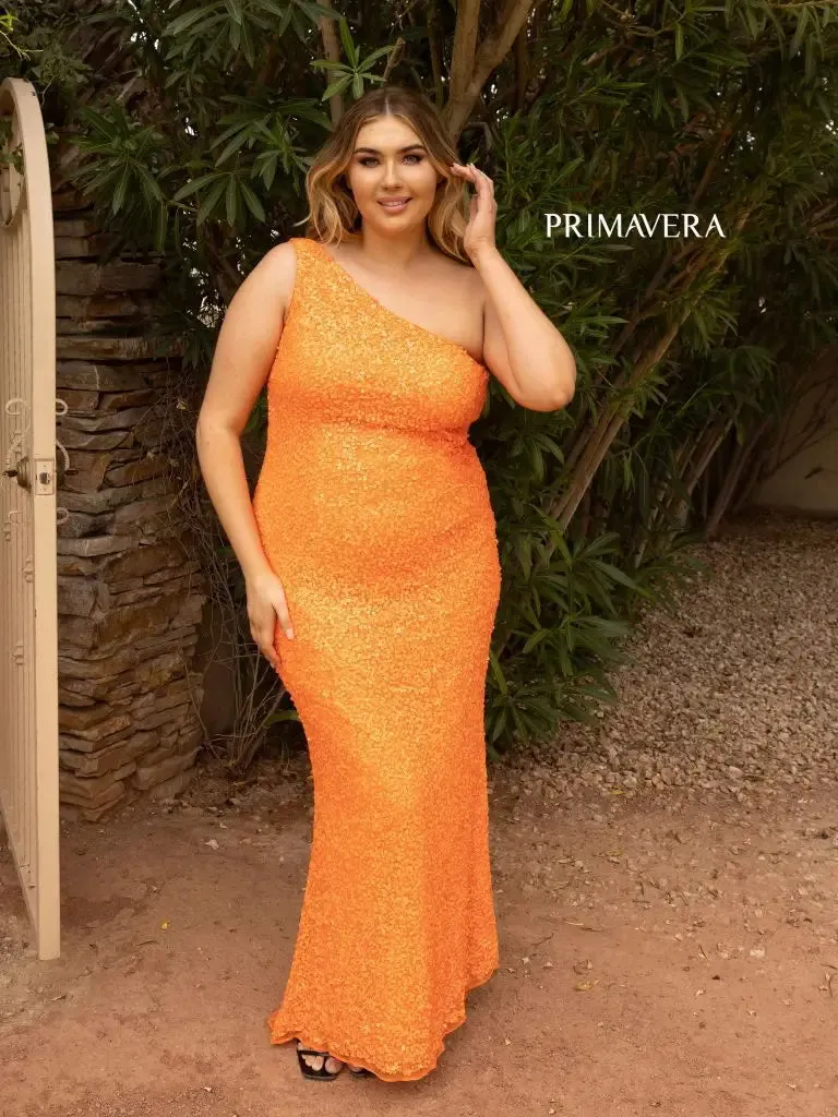 Primavera Couture 14004 Size 20 Neon Pink Long Fitted One Shoulder Sequin Plus Size Prom Dress Formal Gown