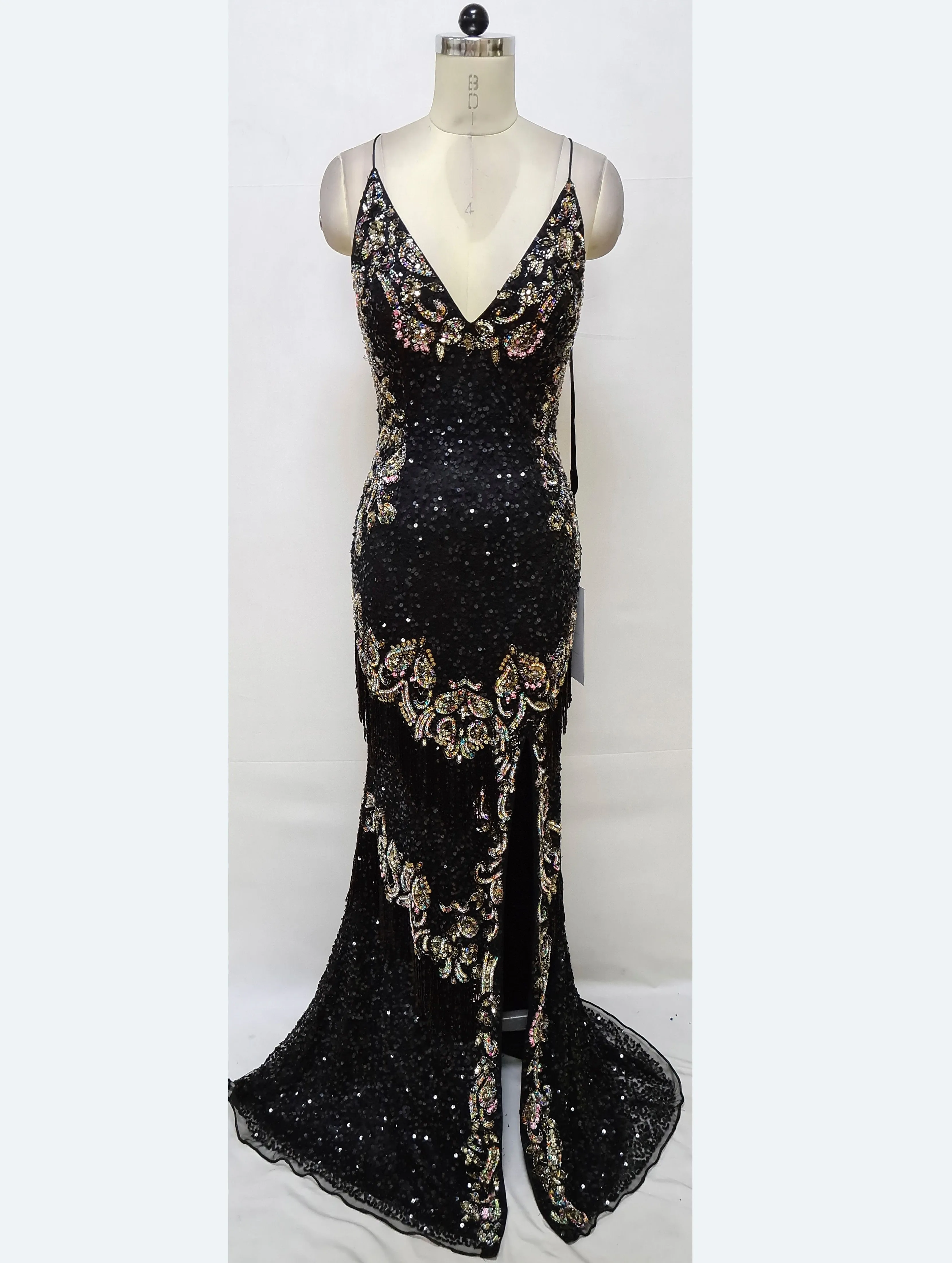 Primavera Couture 3911 Long Fitted Sequin  Beaded Fringe Prom Dress Slit Backless Gown