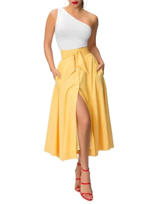 "Faye" Yellow Belted Button-Down Skirt