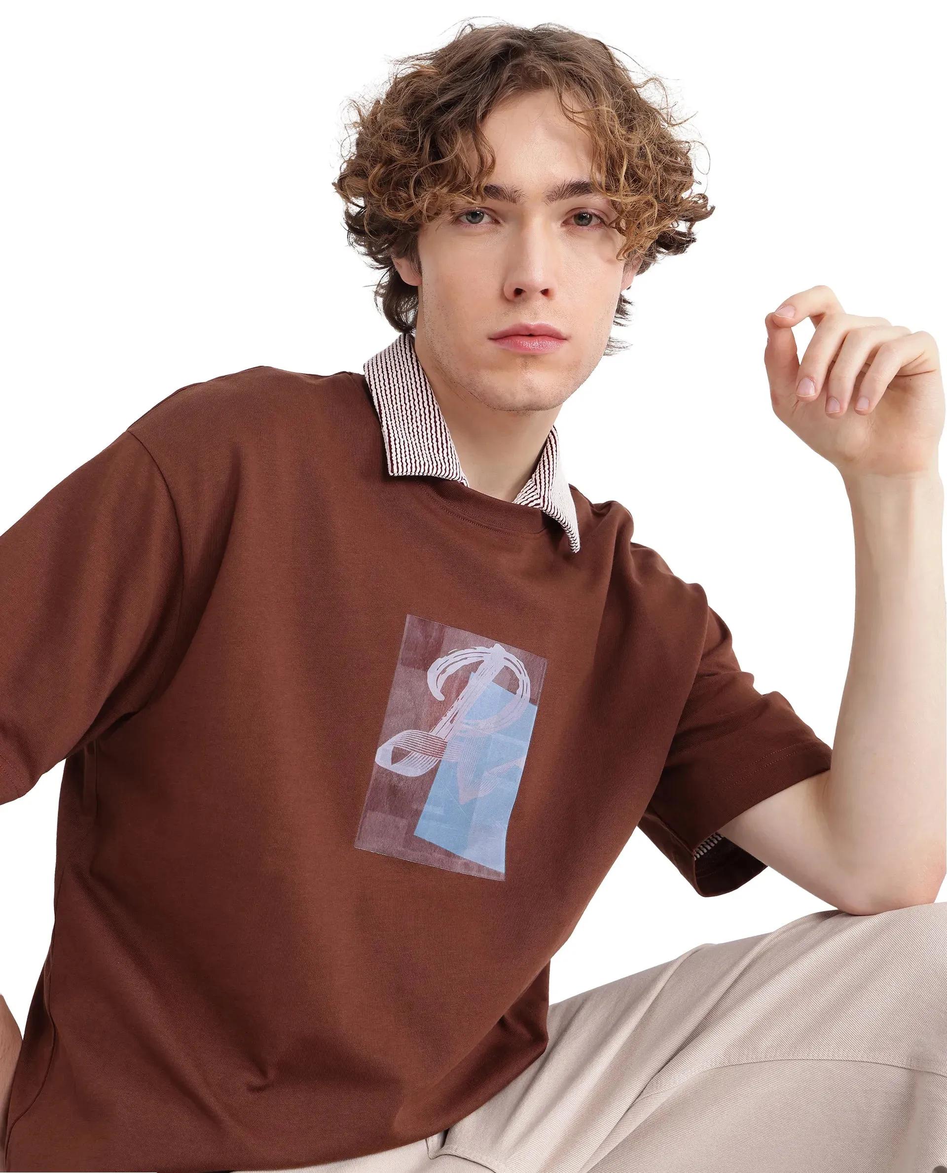 Rare Rabbit Men Justin Brown  Cotton Fabric Short Sleeve Crew Neck Graphic Print T-Shirt