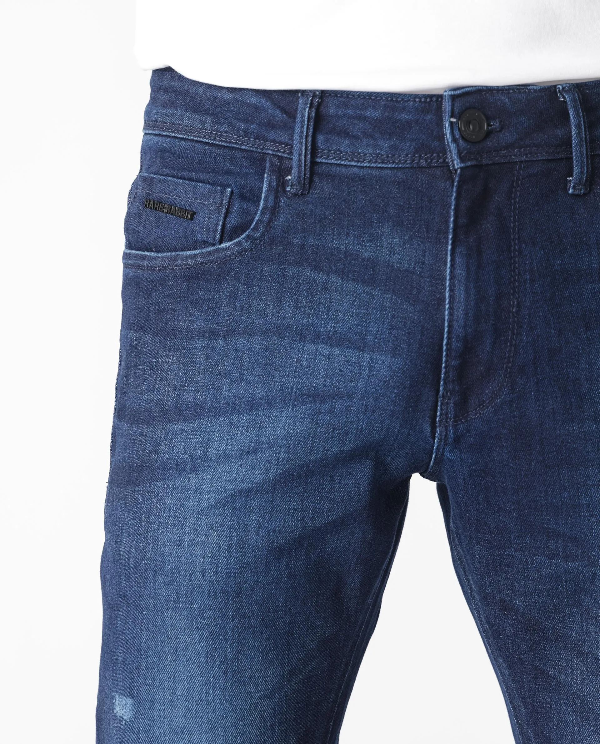 Rare Rabbit Men's Movado Blue Mid Wash Mid-Rise Slim Fit Distressed Jeans