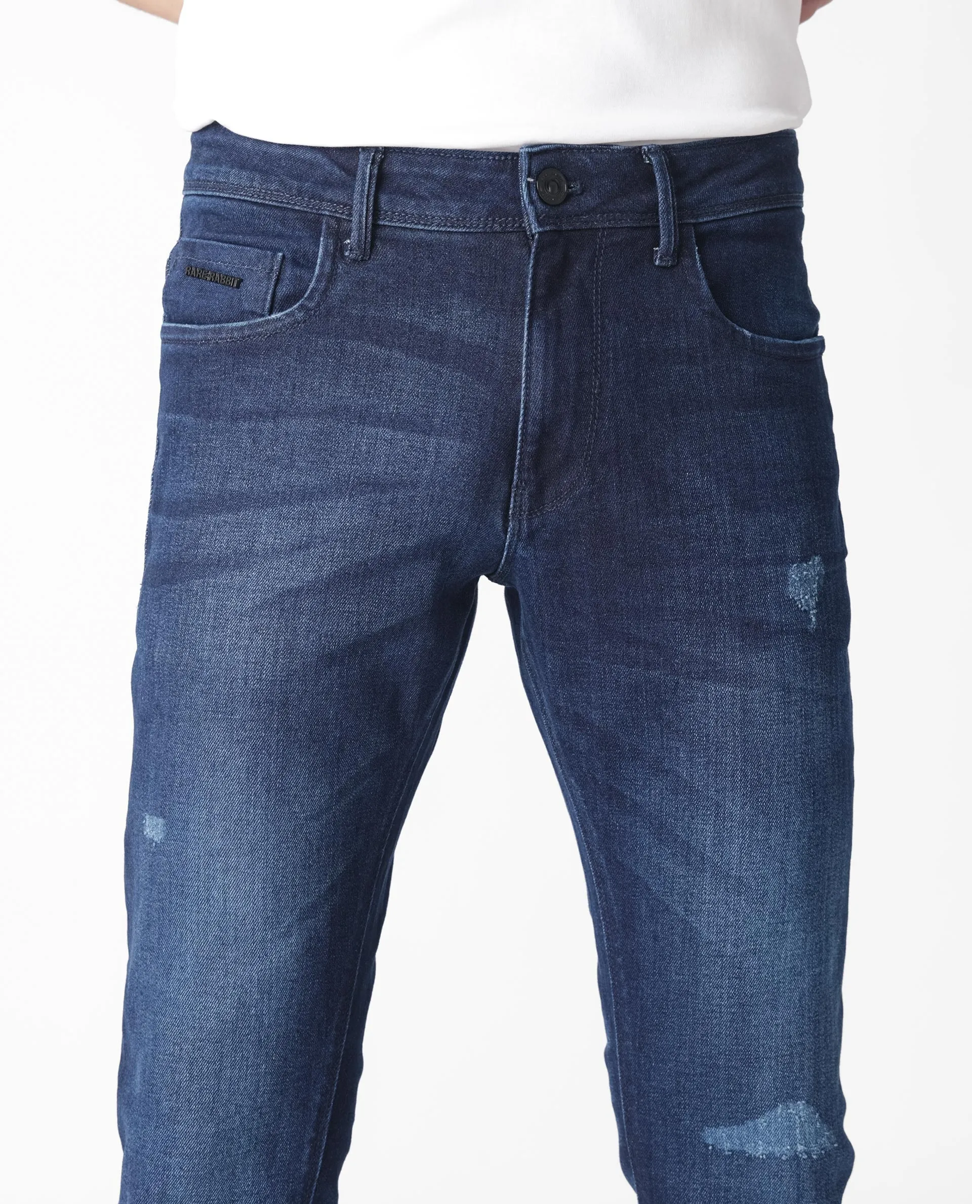 Rare Rabbit Men's Movado Blue Mid Wash Mid-Rise Slim Fit Distressed Jeans