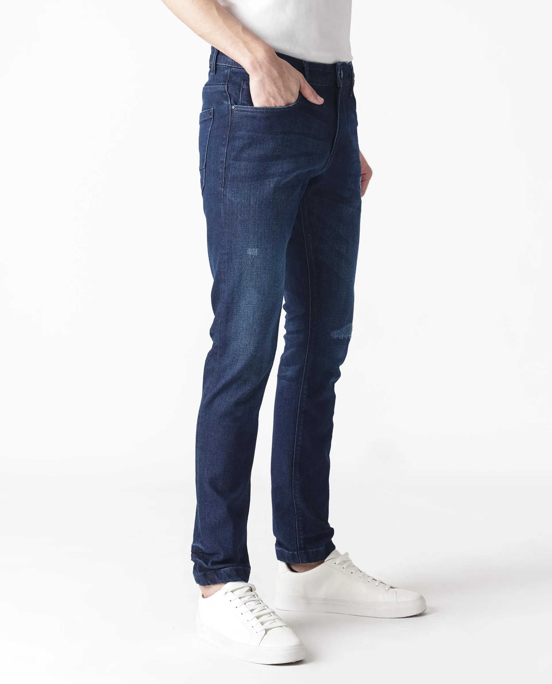 Rare Rabbit Men's Movado Blue Mid Wash Mid-Rise Slim Fit Distressed Jeans
