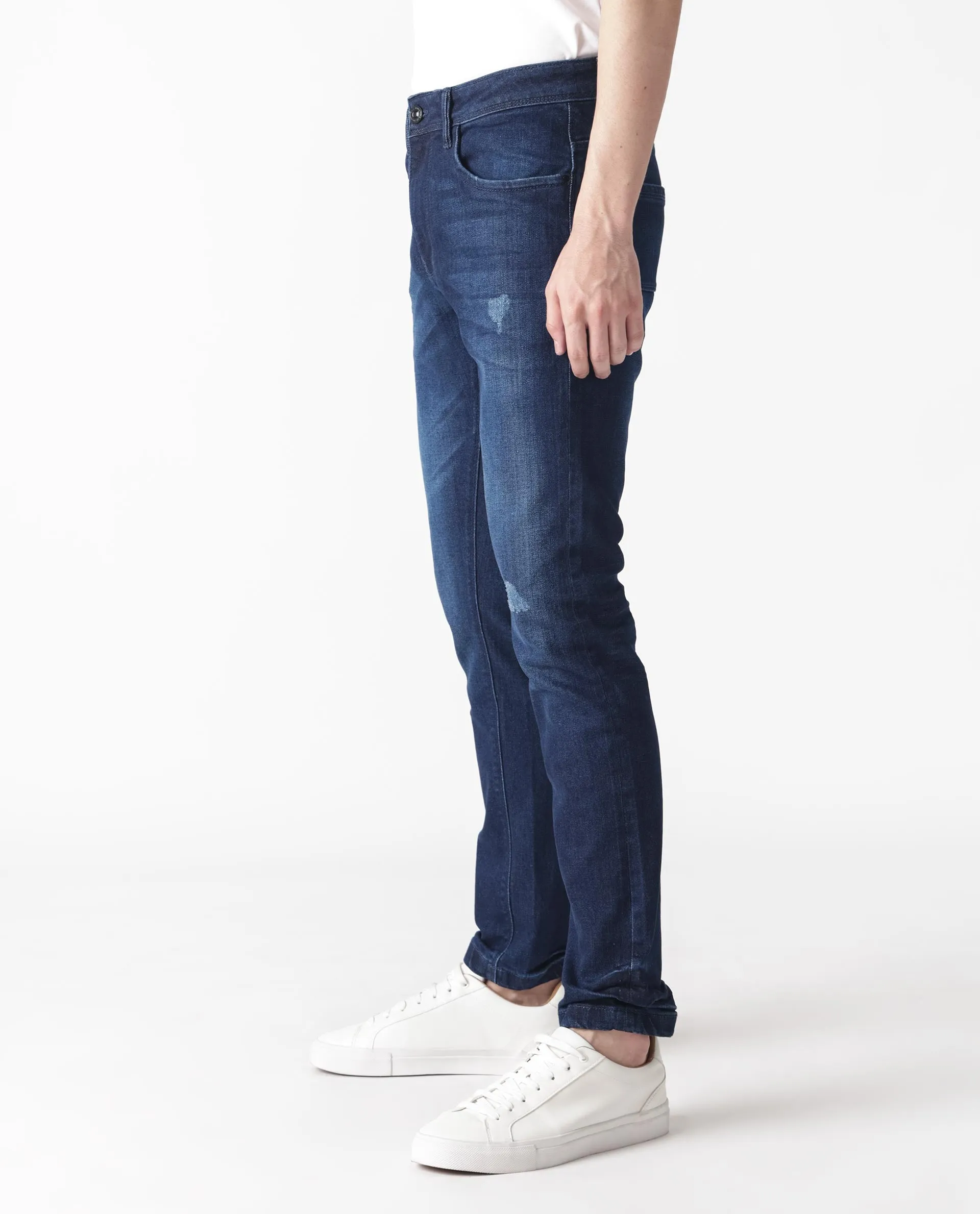 Rare Rabbit Men's Movado Blue Mid Wash Mid-Rise Slim Fit Distressed Jeans