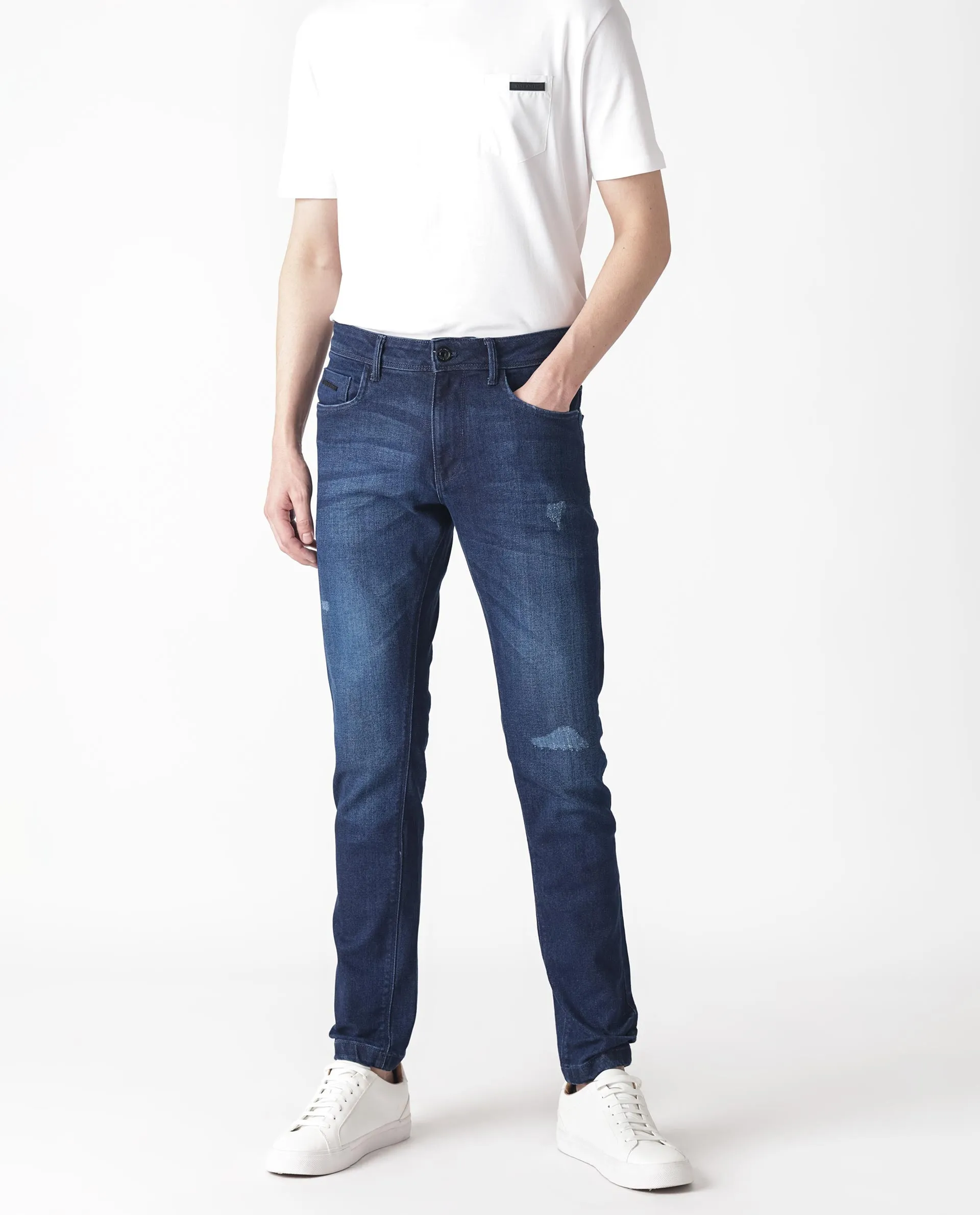 Rare Rabbit Men's Movado Blue Mid Wash Mid-Rise Slim Fit Distressed Jeans