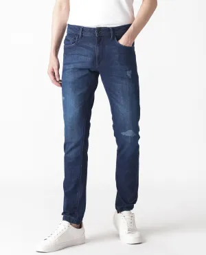 Rare Rabbit Men's Movado Blue Mid Wash Mid-Rise Slim Fit Distressed Jeans