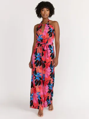 Sleeveless Tropical Print Front Cut-out Halter Neck Jumpsuit - Milk & Honey