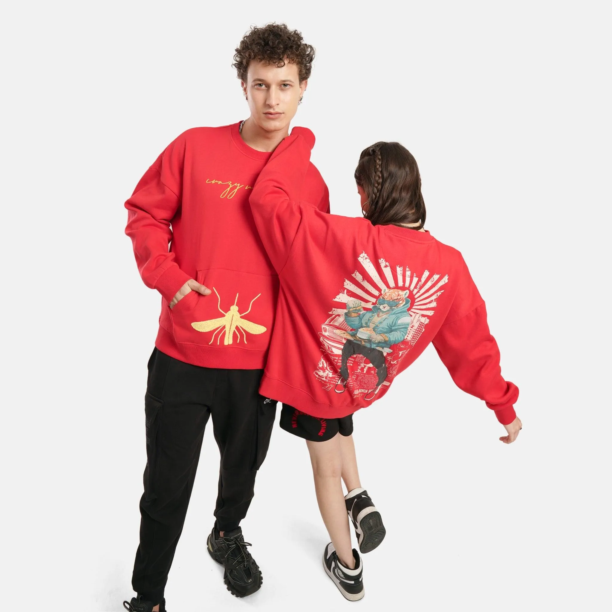 Urban Cheetah Oversized Fleece Sweatshirt in Red