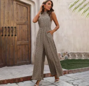 Women's Chic Sleeveless Allover Print Brown Halter Neck Jumpsuit | Perfect for Casual Days