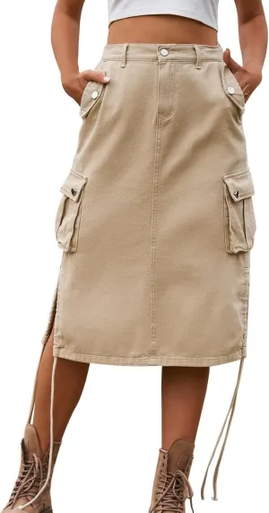Women's Denim lace up Tooling Skirt Casual mid Length Skirt Pencil Skirts for Women Plus Size Midi Skirts (Khaki-1, XL)